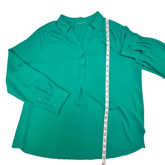 Womens Top XL Emerald Green V Neck Button Down Roll Tab Long Sleeve Blouse - Picture 4 of 9